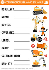 Wall Mural - Vector construction site word scramble activity page. English language game with cars, trucks for kids. Special transport family quiz with industrial vehicles. Educational printable worksheet.