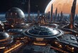 Concept of sci-fi fiction Future city scene. Futuristic cityscape in space colony planet background.
