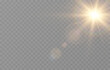 Realistic vector light on isolated transparent background. Light with glare png. Dawn, sunset, sun png. Flash of light, light effect.