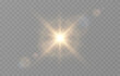 Realistic vector light on isolated transparent background. Light with glare png. Dawn, sunset, sun png. Flash of light, light effect.