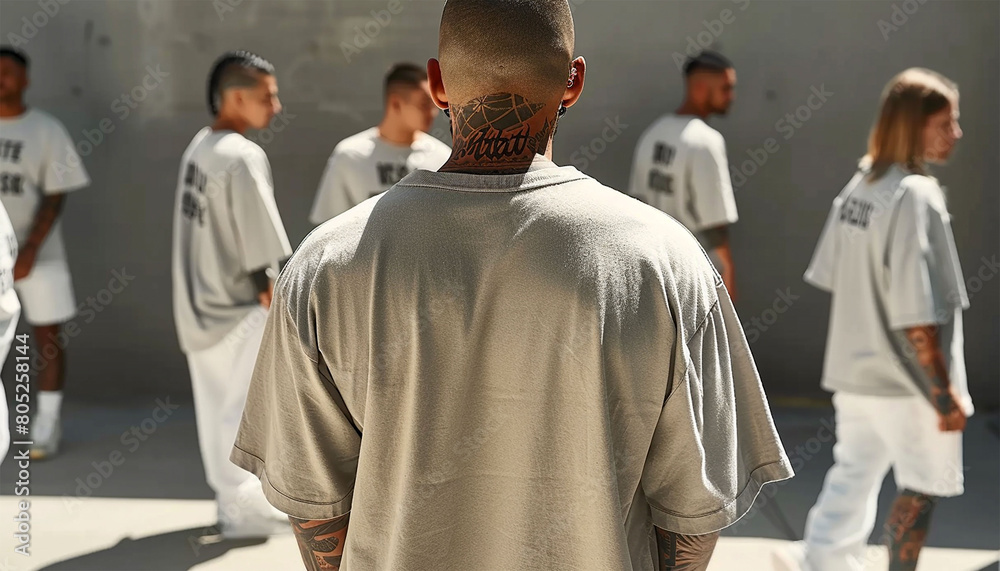 Inmate with tattoos in beige uniform in jail cell, Male prisoner serves ...