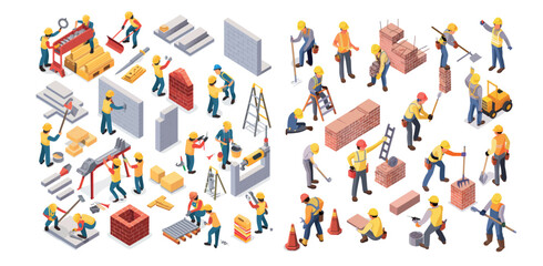 Poster - The illustration of construction workers, builders, and engineers in isometric view.