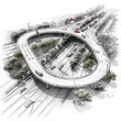Aerial view of a multi-level highway interchange with curving ramps. Generate AI