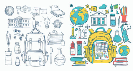 Aufkleber - Hand drawn backpack, school building, and globe. Education modern illustration set.
