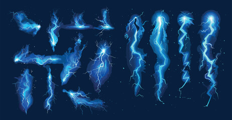 Aufkleber - Lightning cartoon illustration. Bright thunderbolt, shining lightning strike modern illustration set.