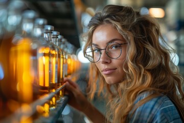 Poster - Woman with glasses examines liquid samples in colourful bottles in a chemical lab