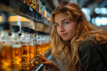 Poster - Attractive young woman inspects amber-coloured chemical substances in a lab