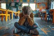 © Larisa AI - A powerful shot of a distressed young individual concealing their face, overwhelmed with emotion in a classroom