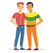 © Vectorvstocker - Two cartoon male friends standing together smiling. Adult characters, casual clothing, friendship concept, flat design illustration