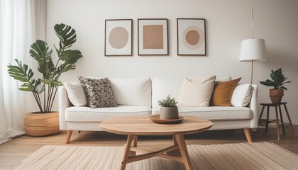 round wooden coffee table near white sofa against of white wall with three art frames scandinavian style