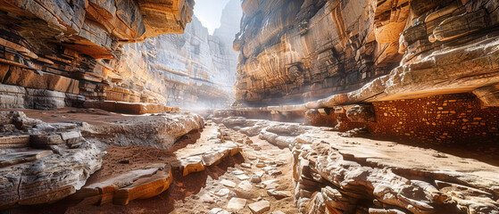 Narrow canyon path leading through ancient rock formations, a journey through the geological history of Petra