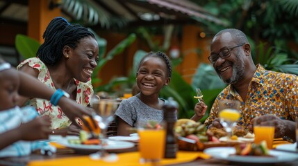 Wall Mural - A heartwarming scene unfolds as parents and teenagers gather around the table, sharing stories, laughter, and love over delicious food and drinks.