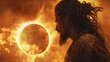 A total solar eclipse with a long-haired man staring into it Forbidden Knowledge High Magick Esoteric Occultism