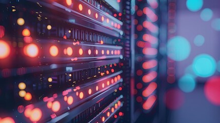 close - up of a server rack with blinking status lights, featuring a red light on the left