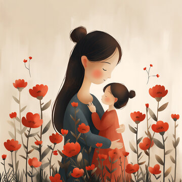 Illustrated postcard of mother hugging her little daughter among flowers on beige background. Selective focus. Copy space. Mother love concept 