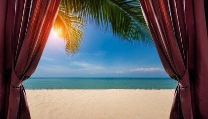 Wall Mural - palm tree leaves curtains on sand and blue sky view summer vacation in tropical paradise background