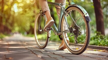 Wall Mural - A Close-Up View of a Casual Cyclist's Feet as They Navigate a Park on a Bicycle