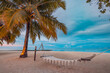 Tropical sunset beach background, summer island landscape with beach swing or hammock and sand romantic sea sky beach. Beautiful beachfront scene vacation summertime tourism. Honeymoon, romance resort