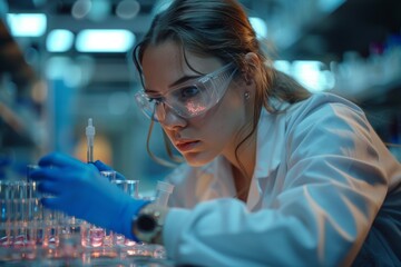Poster - A focused female researcher conducting experiments in a high-tech laboratory, analyzing samples in test tubes