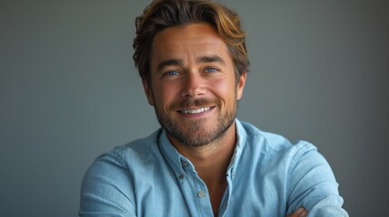 Wall Mural - Happy young smiling confident professional business man wearing blue shirt, pretty stylish male executive looking at camera, standing arms crossed at grey background concept.