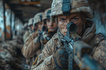 Wall Mural - Soldiers in camouflage gear holding rifles while sitting and looking alert