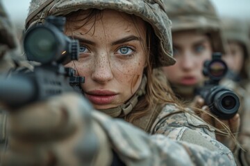 Wall Mural - Close-up of a focused female soldier aiming down the sights of her rifle in combat situation