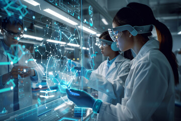 Poster - Two scientists collaborate in a high-tech laboratory, interacting with a holographic interface displaying data analysis, exemplifying cutting-edge research and technological advancement in science