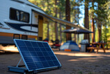 Fototapeta  - Portable solar panel in the foreground, with a blurred camping area and rv in the background, demonstrating sustainable energy use in a serene forest setting