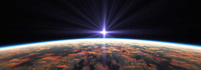 Wall Mural - earth sunrise from space over cloudy ocean. 3d rendering