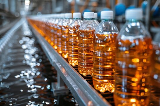 Golden tea beverages fill clear bottles against a backdrop of industrial machinery on a production line