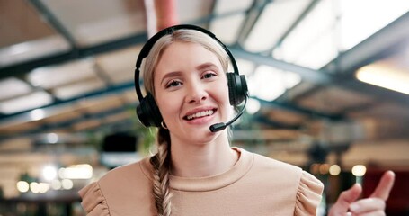 Wall Mural - Happy woman, call center and consulting with headphones in video chat for online advice, customer service or support at office. Portrait or POV of female person, consultant or agent for assistance