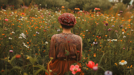 Sticker - Happy girl dancing in floral dress in poppy field in summer