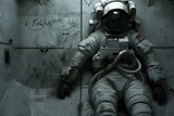 Fototapeta Mapy - A lone astronaut on a deserted space station, captured in the style of street photography.