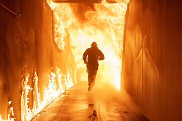 Wall Mural - Urgent evacuation person running towards emergency exit fire hazard scenario copy space 