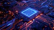 An electric blue glow illuminates the center of a close-up computer chip of complex blueprint algorithms for automotive