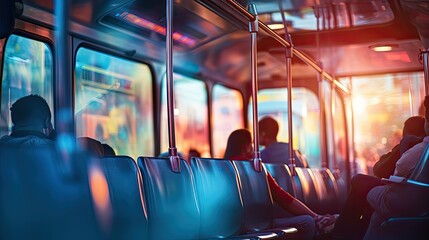 Canvas Print - seats blurred city bus interior