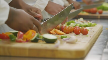 Poster - Culinary classroom, students practicing knife skills, vibrant vegetables on cutting board, close-up 