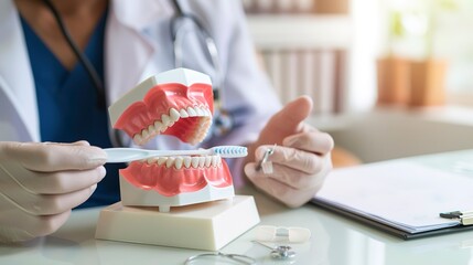 Poster - Dental hygiene class, close-up of dentist demonstrating proper brushing on model, clear lighting 