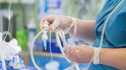 Poster - Nursing skills workshop, nurse preparing IV, detailed focus on hands and equipment, clinical lighting 