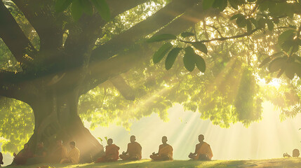 Early Morning monks meditation under the trees with sun ray,