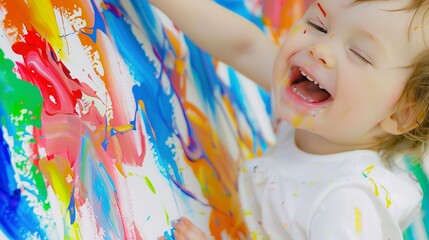 Poster - Early childhood education, toddler painting with bright colors, joyous expression, close-up -