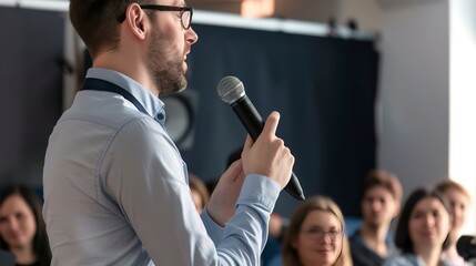 Poster - Public speaking course, speaker practicing with microphone, confident stance, close-up on face