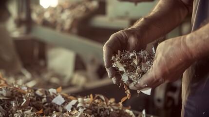 Poster - Recycled paper processing plant, close-up on hands and paper, warm lighting, high saturation 