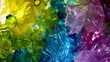 Close-up of crushed plastic bottles in recycling facility, vibrant colors, sharp focus, industrial lighting 