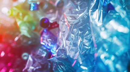 Poster - Close-up of crushed plastic bottles in recycling facility, vibrant colors, sharp focus, industrial lighting 