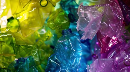 Sticker - Close-up of crushed plastic bottles in recycling facility, vibrant colors, sharp focus, industrial lighting 