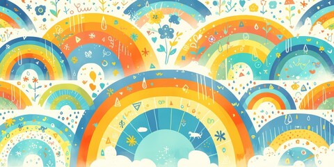 Wall Mural - A pattern of rainbows, classic children's illustration, with bold lines and bright colors. The rainbow arches form an undulating wavelike shape.