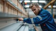 © visoot - A worker in blue overalls is using an caliper to measure the length of furniture. inside a modern factory with wood paneling and white walls. Generative AI.