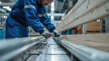 Aufkleber - A worker in blue overalls is using an caliper to measure the length of furniture. inside a modern factory with wood paneling and white walls. Generative AI.