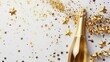 Gold champagne bottle with stars confetti on white background.